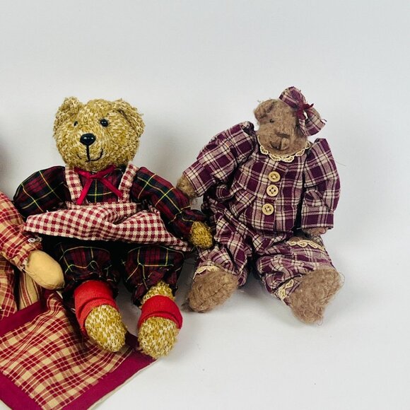 Vintage Rag Doll & Teddy Bear Collectors Set Plaid Outfits Rustic style Soft Rag - Picture 3 of 4